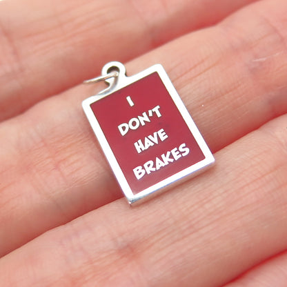 925 Sterling Silver Red Enamel I Don't Have Brakes Minimalist Charm Pendant