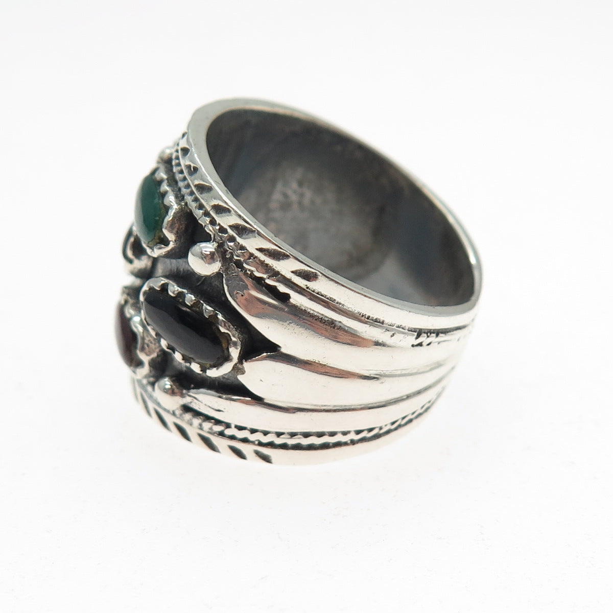 925 Sterling Silver Vintage Real Black & Green Onyx Carnelian Ring Size 9.25