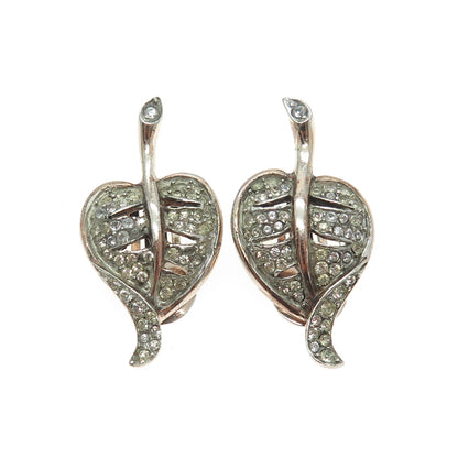 REJA 925 Sterling Silver Antique Art Deco Rhinestone Leaf Clip On Earring