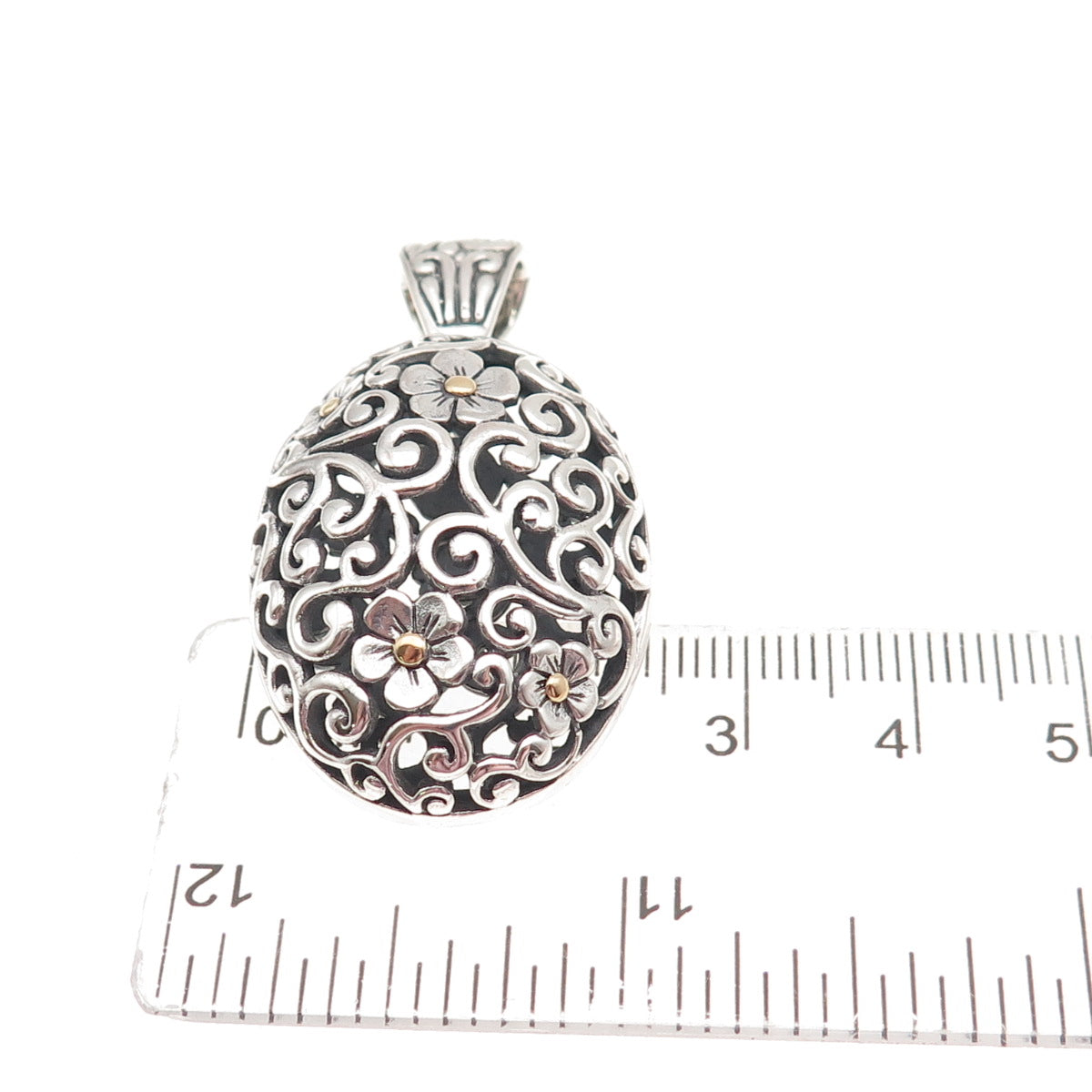 925 Sterling Silver 18K Gold Vintage Floral Ornate Oxidized Charm Pendant