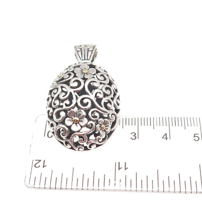 925 Sterling Silver 18K Gold Vintage Floral Ornate Oxidized Charm Pendant