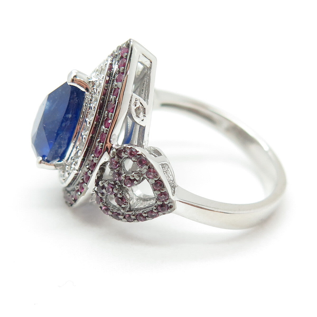 DSMK 925 Sterling Silver Blue & Pink Sapphire White Topaz Gem Pear Ring Size 7