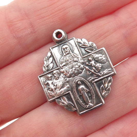 925 Sterling Silver Antique Art Deco 4-Way Religious Medal Double Slide Pendant