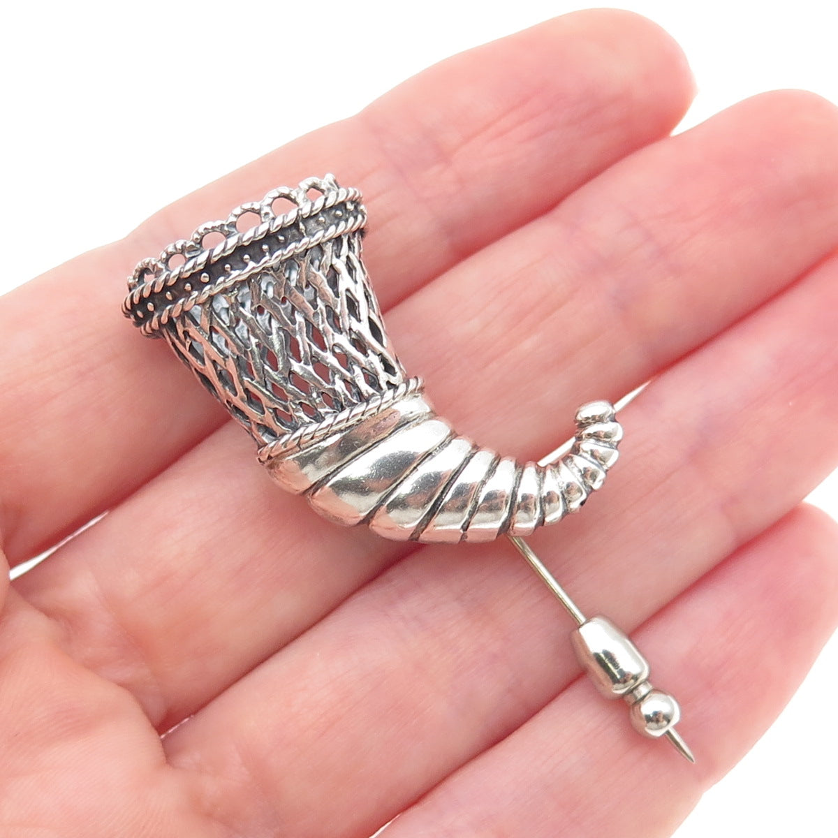 925 Sterling Silver Vintage Horn of Plenty Oxidized Lapel Pin