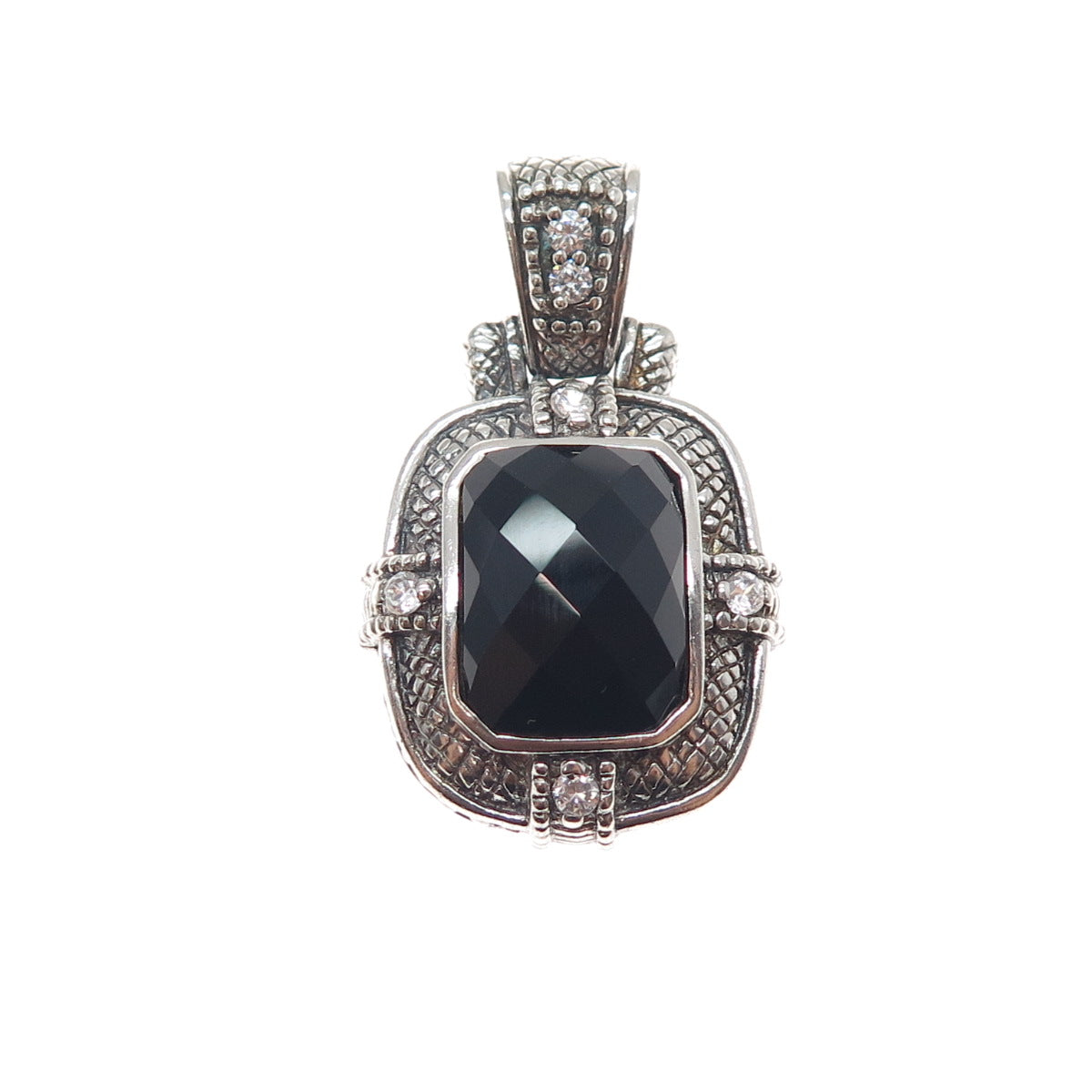 925 Sterling Silver Vintage Real Black Onyx & C Z Oxidized Charm Pendant