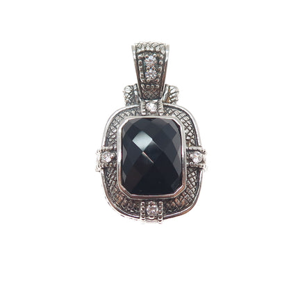 925 Sterling Silver Vintage Real Black Onyx & C Z Oxidized Charm Pendant