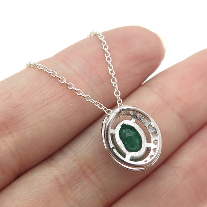 925 Sterling Silver Italy White Topaz & Emerald Gem Cable Chain Necklace 18"