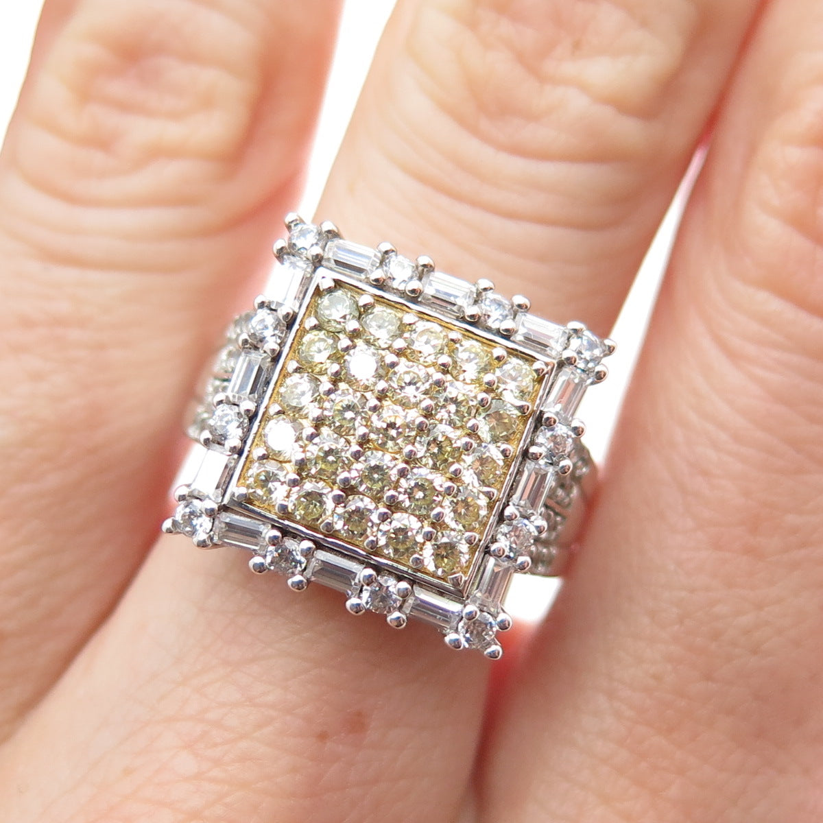 925 Sterling Silver 2-Tone Round & Emerald-Cut Canary & White C Z Ring Size 7