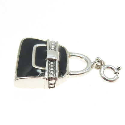 925 Sterling Silver Vintage Black Enamel Lady’s Bag / Purse Charm Pendant