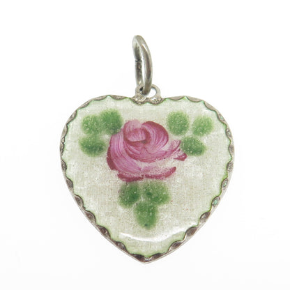 BEAU 925 Sterling Silver Antique Art Deco Enamel Rose Flower Heart Charm Pendant