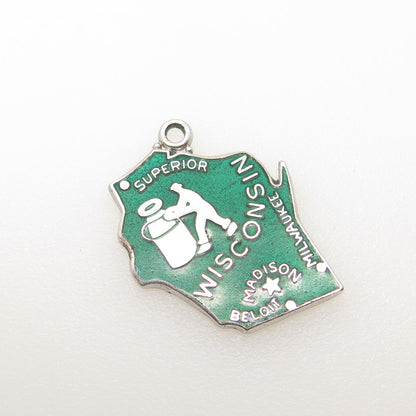 WELLS 925 Sterling Silver Vintage Enamel "Wisconsin" State Map Charm Pendant