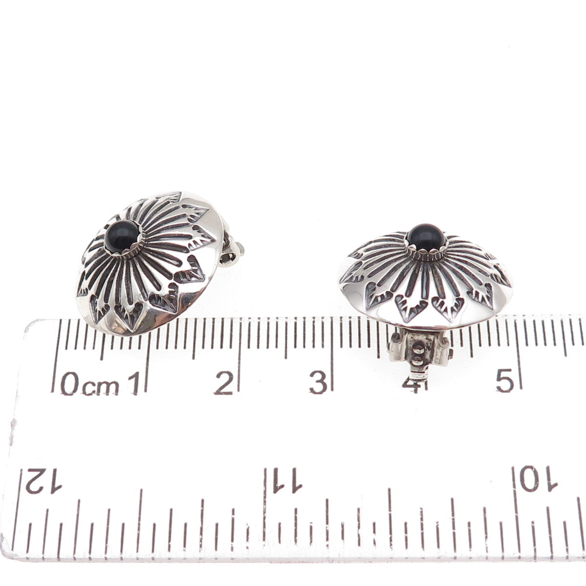 Old Pawn 925 Sterling Silver Vintage Black Onyx Concho Tribal Clip On Earrings