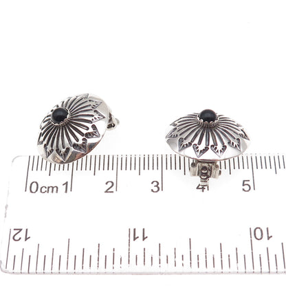 Old Pawn 925 Sterling Silver Vintage Black Onyx Concho Tribal Clip On Earrings
