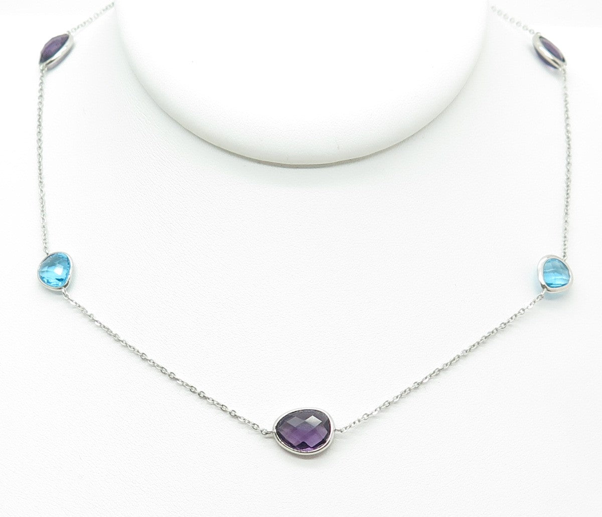 925 Sterling Silver Real Aquamarine & Amethyst By The Yard Chain Necklace 22-24"