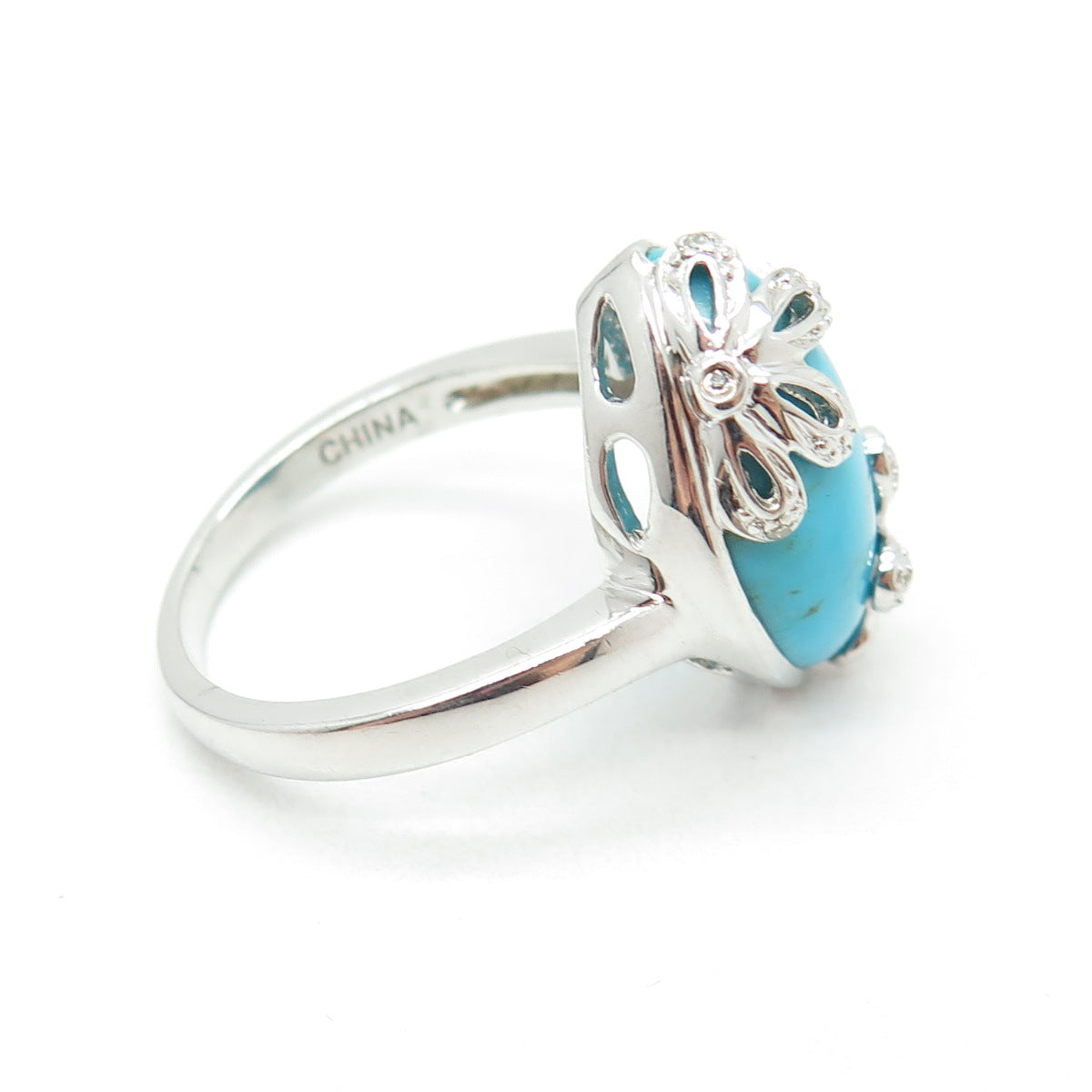 925 Sterling Silver Real Round-Cut Diamond & Turquoise Floral Ring Size 10