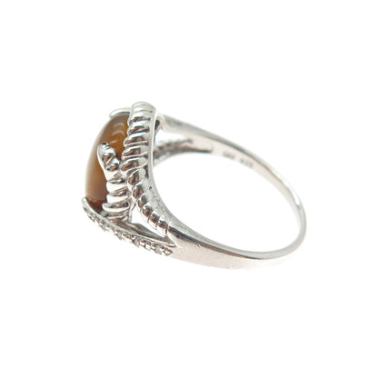 925 Sterling Silver Real Round-Cut Diamond & Cabochon Tiger Eye Ring Size 9