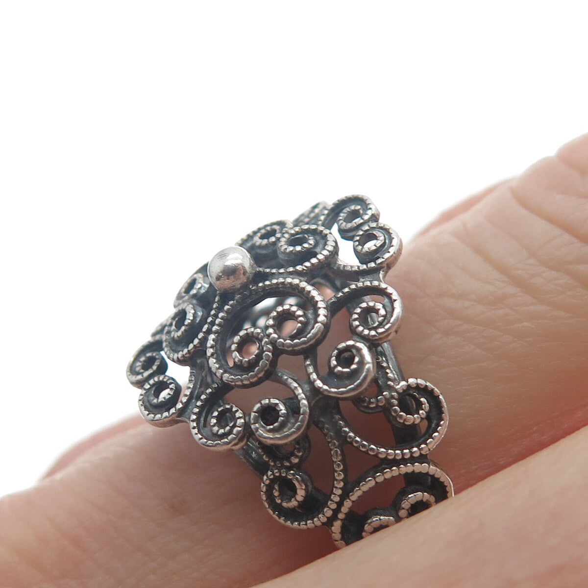 BEAU 925 Sterling Silver Vintage Swirl Oxidized Adjustable Ring Size 6.75