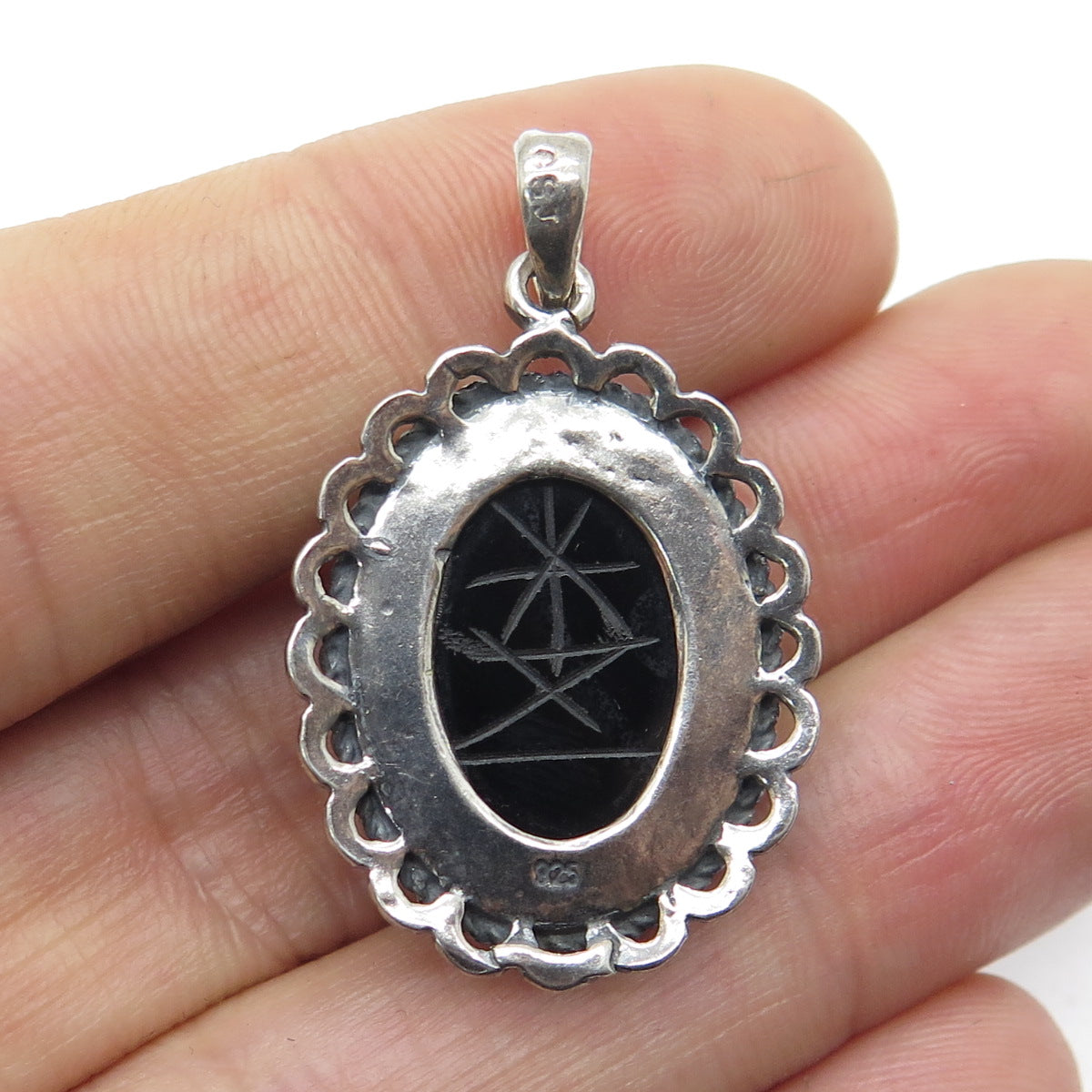 925 Sterling Silver Vintage Real Carved Black Onyx Scarab Oxidized Pendant