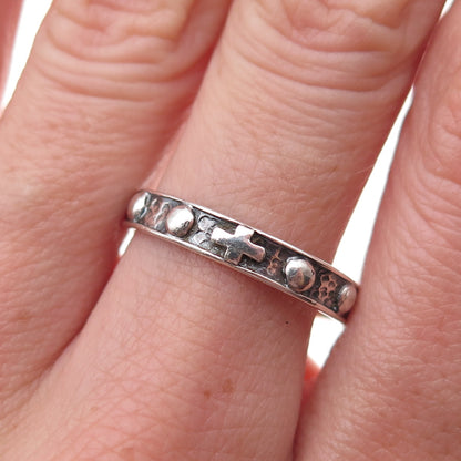 925 Sterling Silver Vintage Cross Beaded All Around Hammered Band Ring Size 8.75