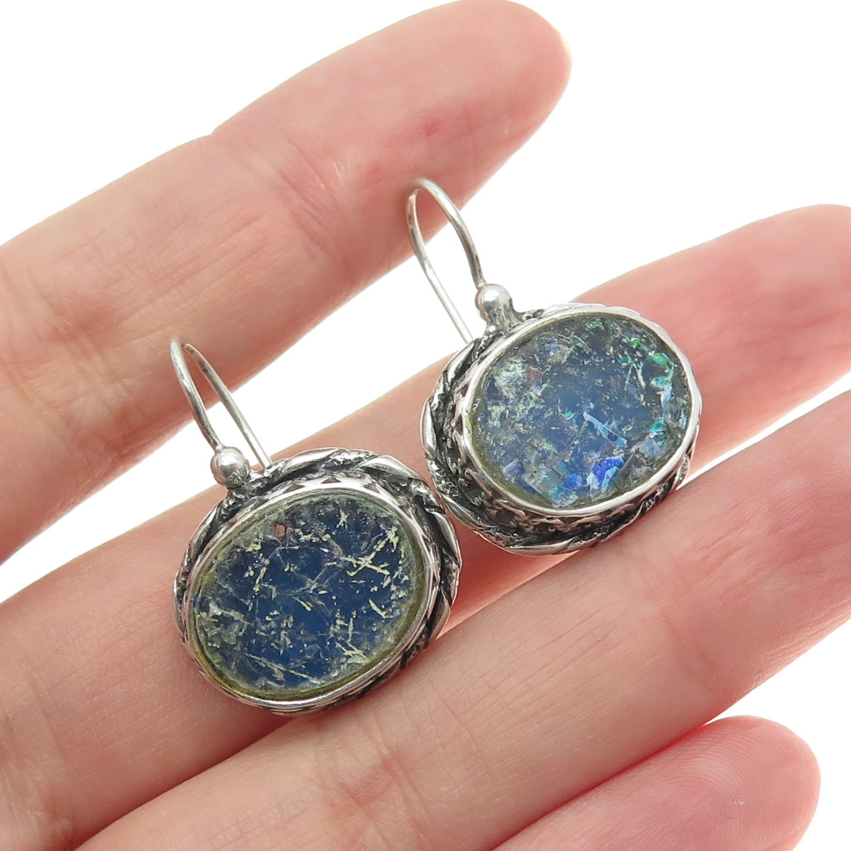 SAPHIRIM-RAHAV 925 Sterling Silver Vintage Roman Glass Modernist Earrings