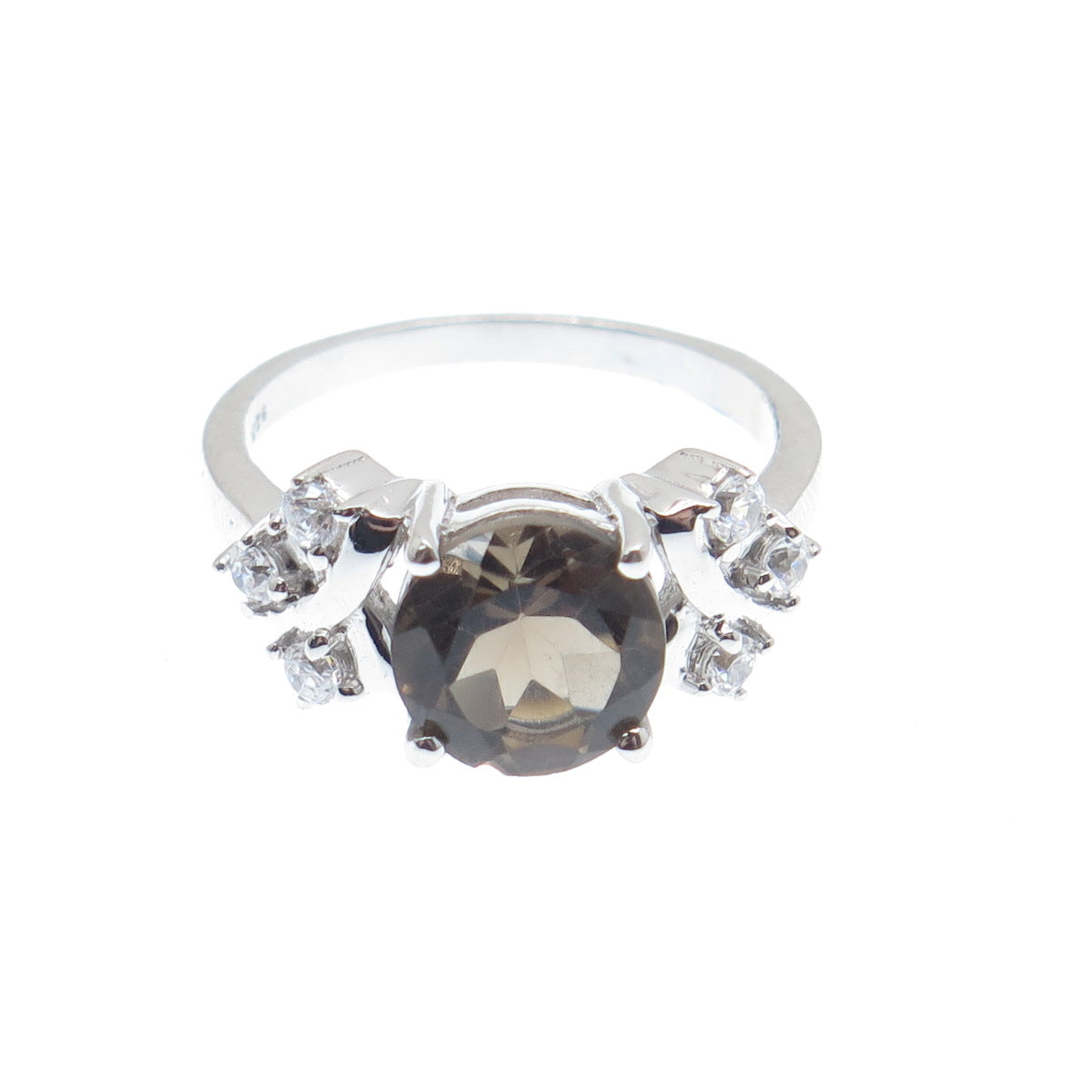 925 Sterling Silver Real Round-Cut Smoky Quartz & C Z Ring Size 8