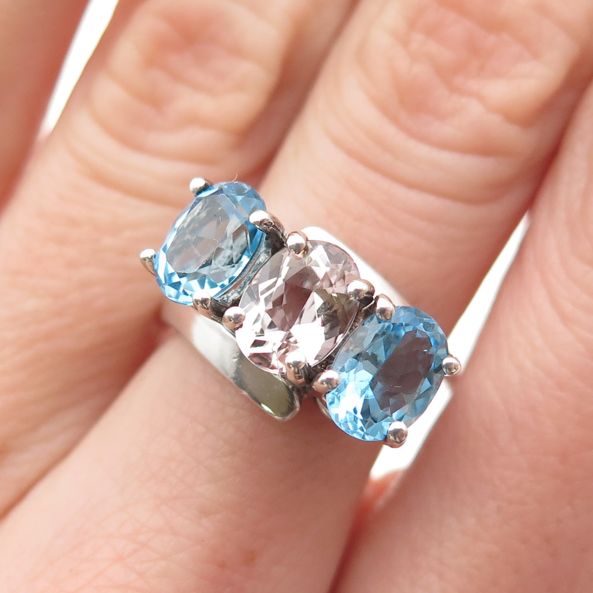 925 Sterling Silver Vintage Real Oval-Cut Blue Topaz & Kunzite Ring Size 6.75