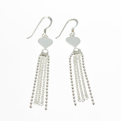 925 Sterling Silver Heart Tassel Drop Chain Earrings