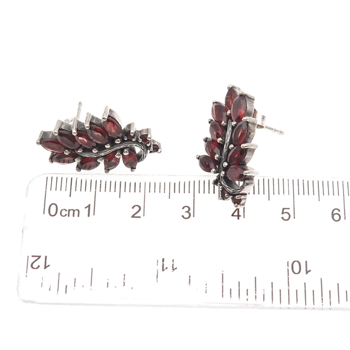 925 Sterling Silver Vintage Real Red Garnet Floral Oxidized Earrings