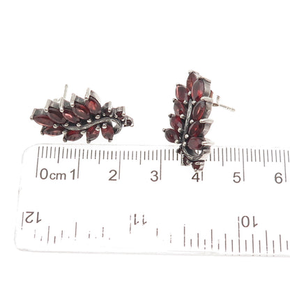 925 Sterling Silver Vintage Real Red Garnet Floral Oxidized Earrings