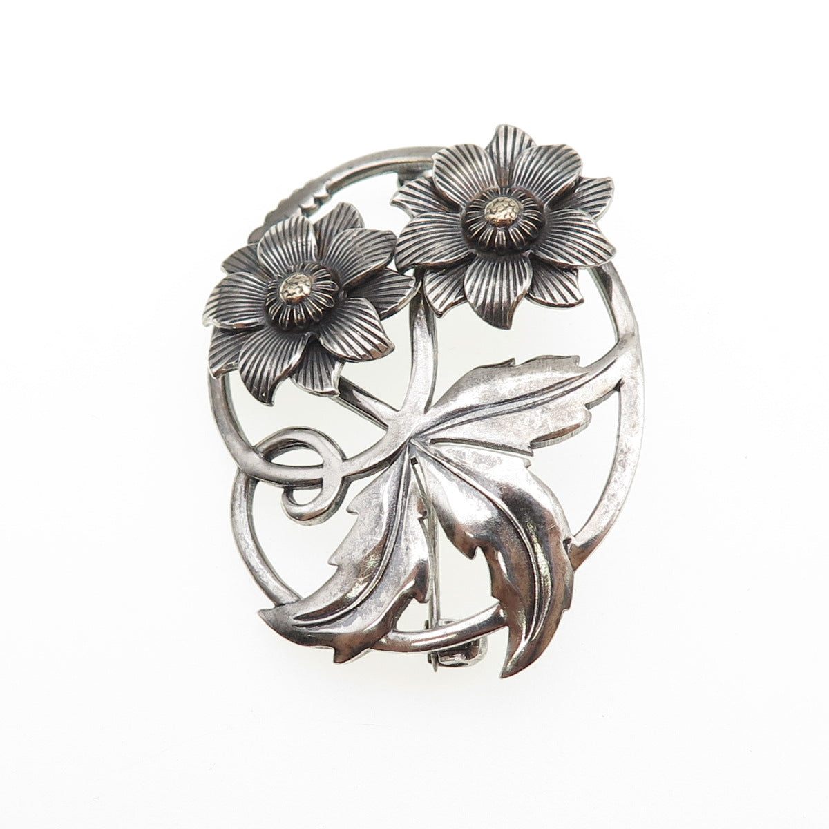 925 Sterling Silver Antique Art Deco Flower Oxidized Pin Brooch