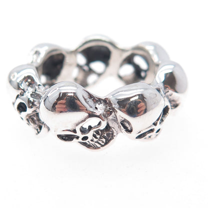 925 Sterling Silver Vintage Skull All Around Biker Ring Size 8.25