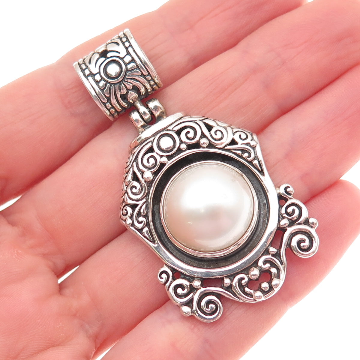 925 Sterling Silver Vintage Real Pearl Modernist Ornate Oxidized Pendant