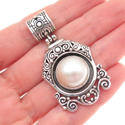 925 Sterling Silver Vintage Real Pearl Modernist Ornate Oxidized Pendant