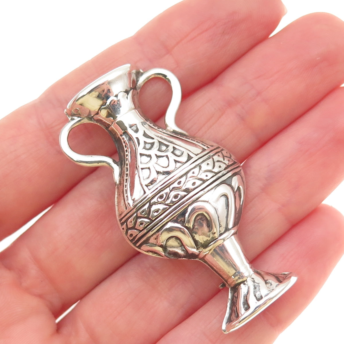 REO CO. 925 Sterling Silver Vintage Ornate Vase Oxidized Pin Brooch
