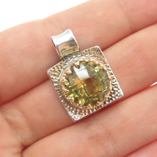 925 Sterling Silver 2-Tone Vintage Real Lime Quartz Hammered Charm Pendant