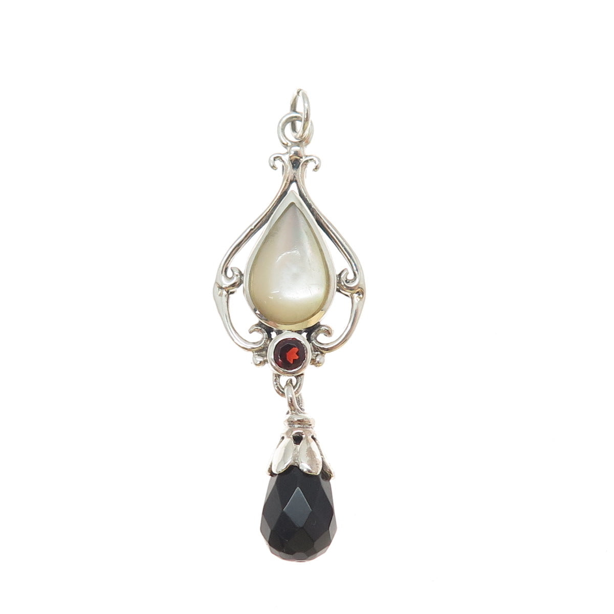 SX SALLY C Sterling Silver Vintage Real Black Onyx Red Garnet MOP Charm Pendant