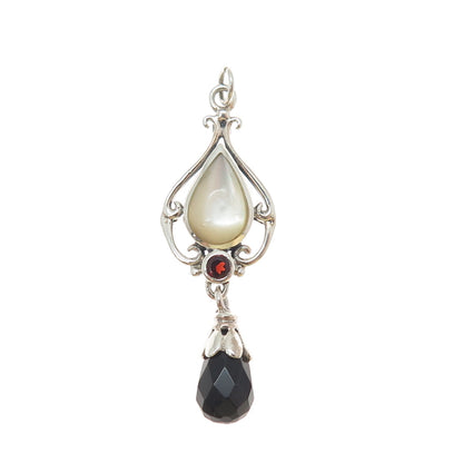 SX SALLY C Sterling Silver Vintage Real Black Onyx Red Garnet MOP Charm Pendant