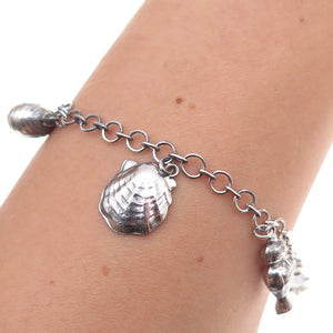 925 Sterling Silver Antique Art Deco Japanese Dangle Charm Bracelet 7.75"