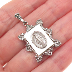 THEDA 925 Sterling Silver Antique Art Deco Real MOP & Marcasite St. Mary Pendant