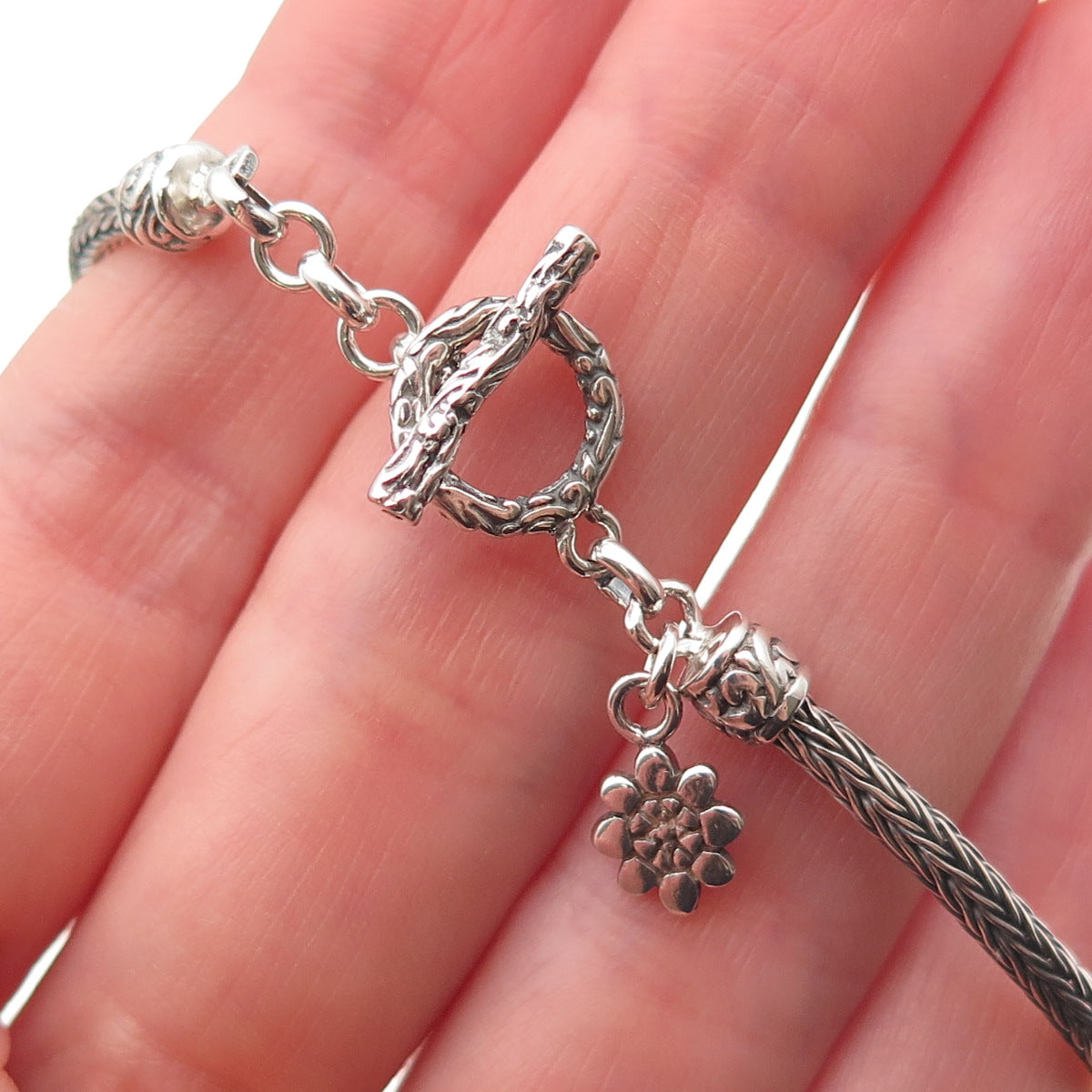 ATI Annika Witt 925 Sterling Silver Vintage Floral Bar Spiga Link Bracelet 7.25"