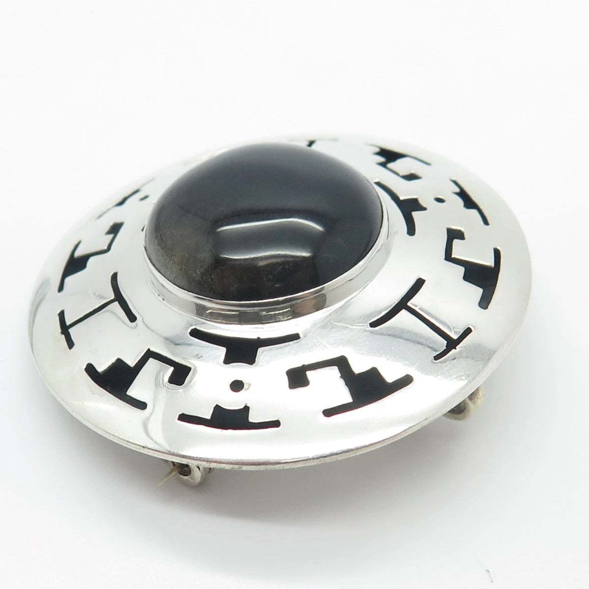 925 Sterling Silver Vintage Mexico Real Black Onyx Gem Maze Pin Brooch / Pendant