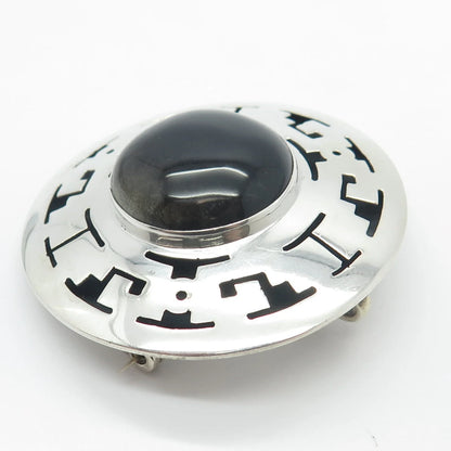 925 Sterling Silver Vintage Mexico Real Black Onyx Gem Maze Pin Brooch / Pendant
