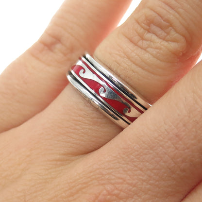 925 Sterling Silver Vintage Enamel Wave Rotating Band Ring Size 7.25