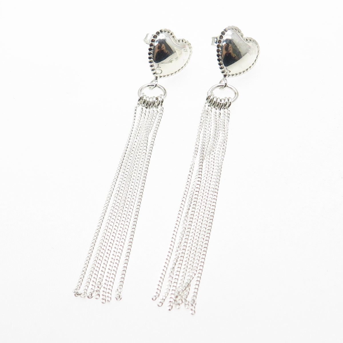 925 Sterling Silver Heart Tassel Chain Drop Earrings