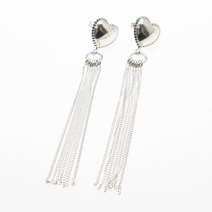 925 Sterling Silver Heart Tassel Chain Drop Earrings