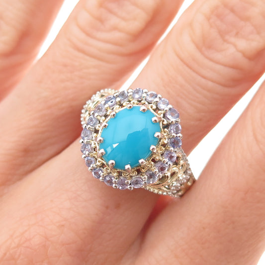 Chuck Clemency Sterling Silver 2-Tone Real Turquoise & Tanzanite Ring Size 8.25