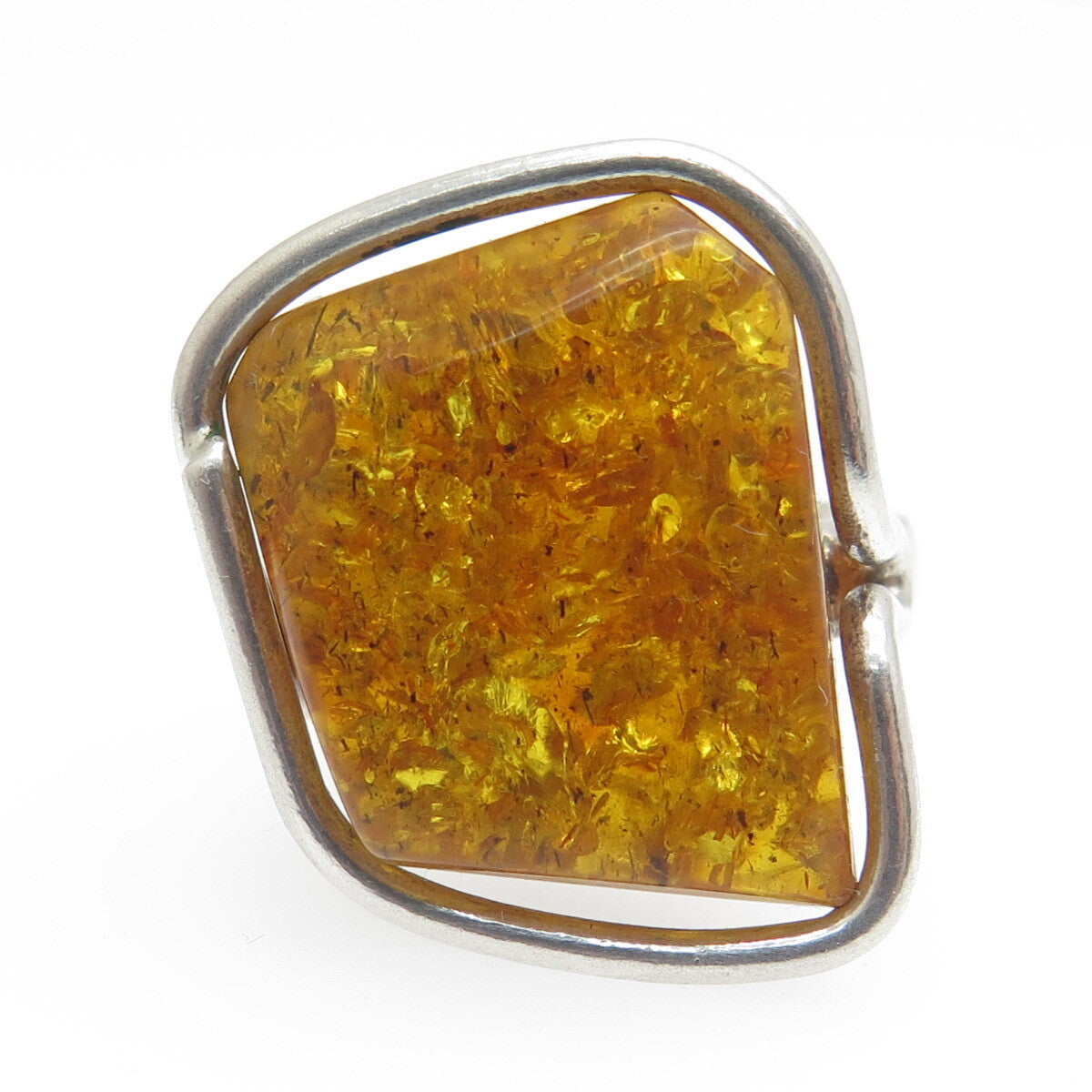 925 Sterling Silver Vintage European Real Amber Modernist Ring Size 6.75
