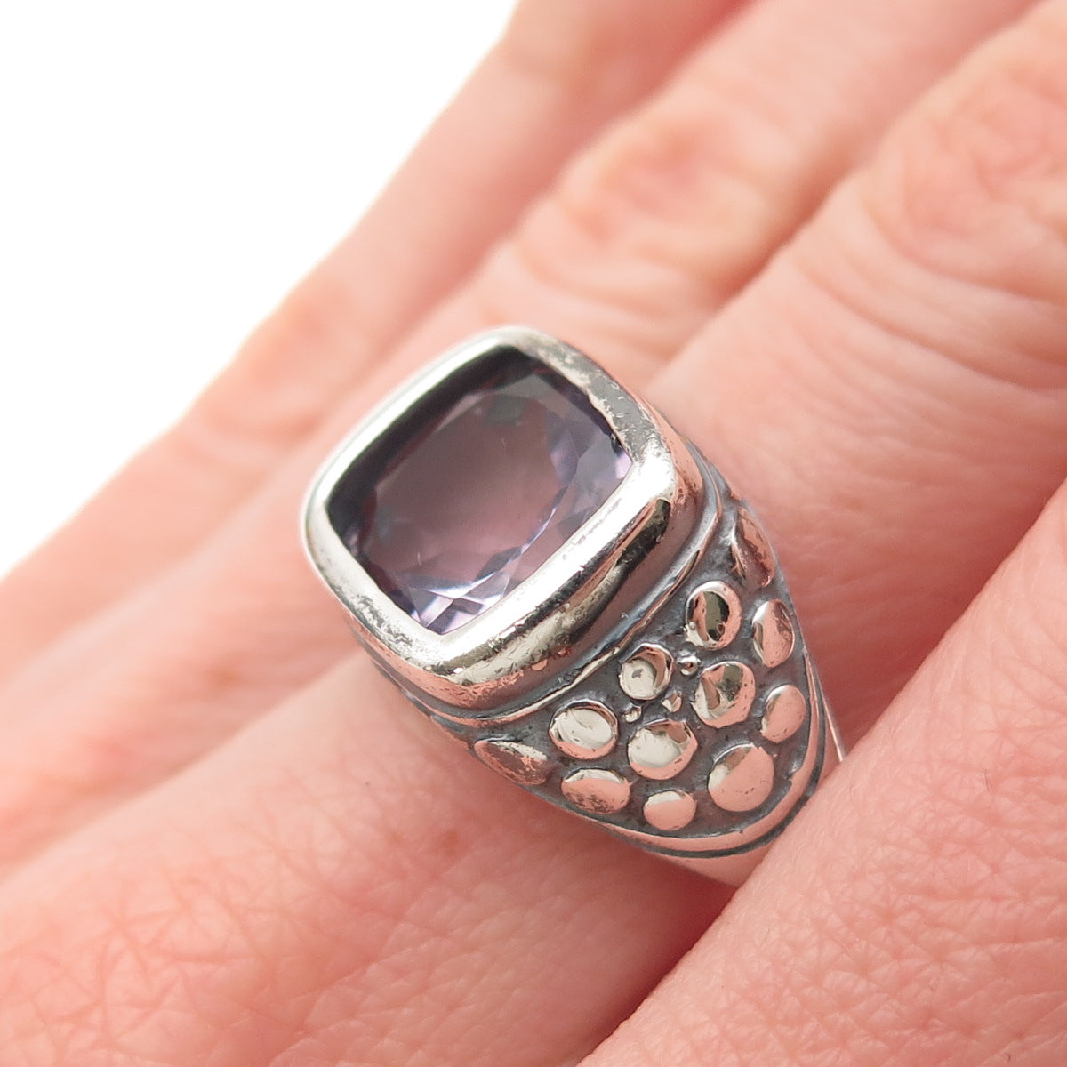 DEE BERKLE Sterling Silver Vintage Real Amethyst Oxidized Dotted Ring Size 7.25