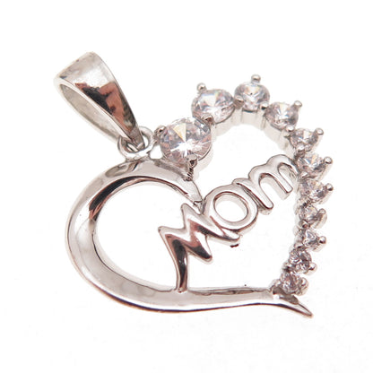 Han 925 Sterling Silver Round-Cut C Z Mom Heart Charm Pendant