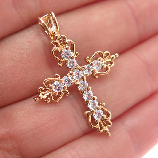 ROSS SIMONS 925 Sterling Silver Gold Plated Round-Cut C Z Cross Charm Pendant